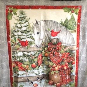Fireplace quilt wall hanging handmade winter scene white horse 🐎 and cardinals